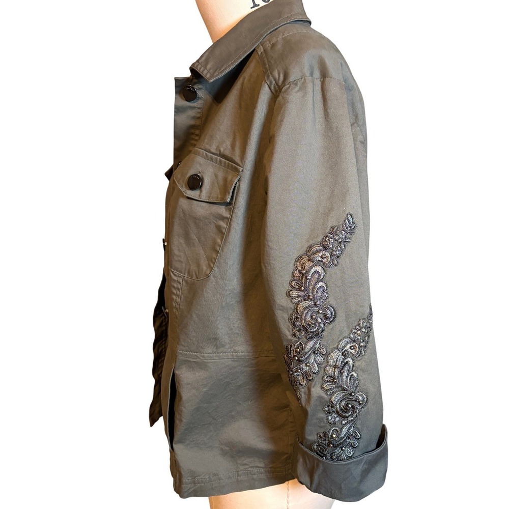 Chico's Utility Jacket Womens 2P Olive Green Excellent Beaded Floral Embroidery - Picture 5 of 9